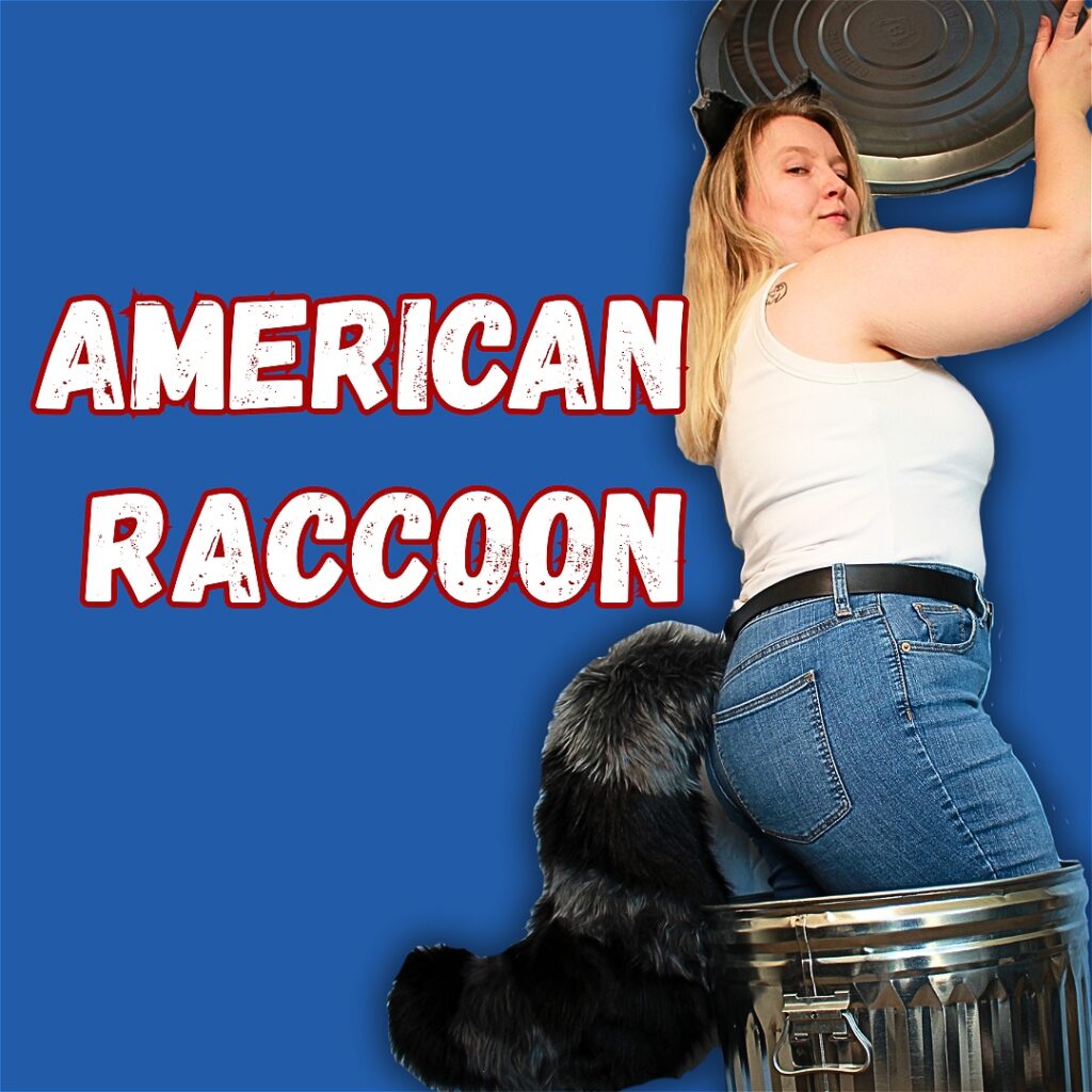 A women with long blond hair crawls into a classic metal garbage can with the title American Raccoon